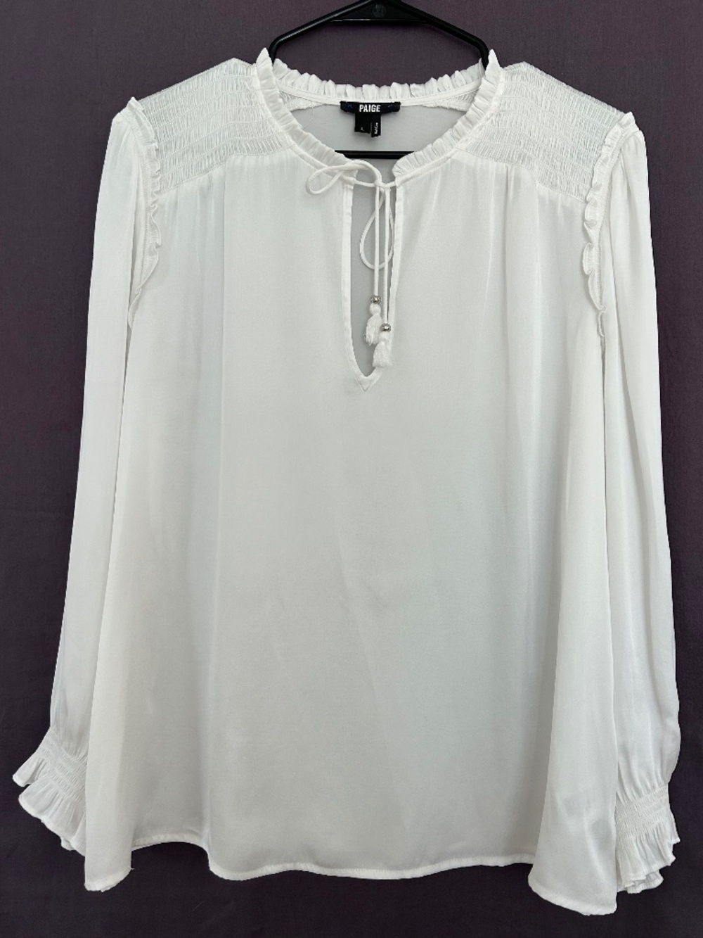 NWOT PAIGE Kaylynn White Smocked Keyhole Ruffle Balloon Blouse L